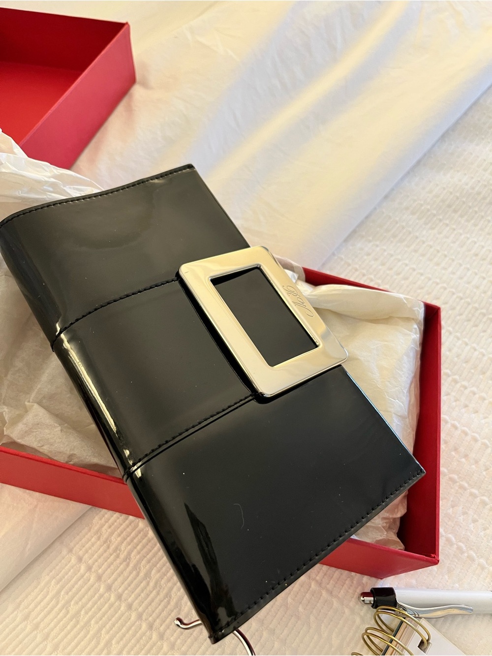 Roger Vivier Black Patent Leather Clutch with Silver Buckle